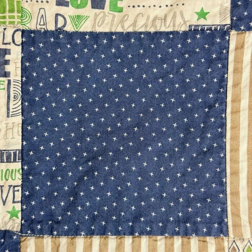 Handmade Baby Boy Blanket Quilt 51 x 51 Khaki Satin Trim Navy Minky Dot Back